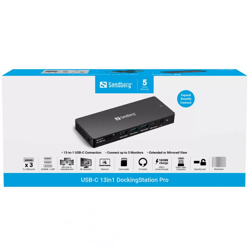 Sandberg USB-C 13in1 DockingStation Pro johdollinen USB 3.2 Gen 1 Type-C