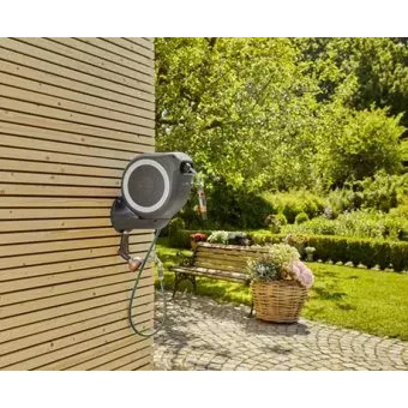 Seinään asennettava letkukela Gardena RollUp Automatic musta harmaa