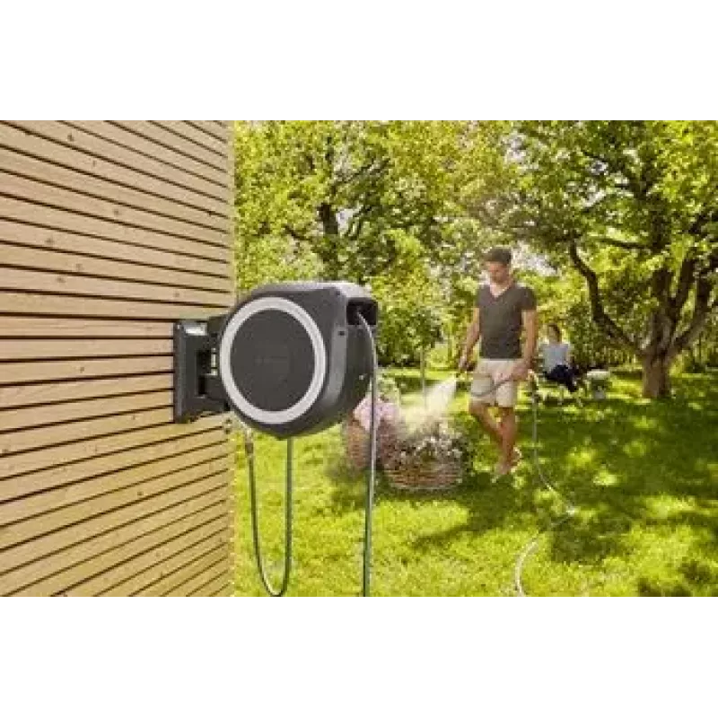 Seinään asennettava letkukela Gardena RollUp Automatic musta harmaa