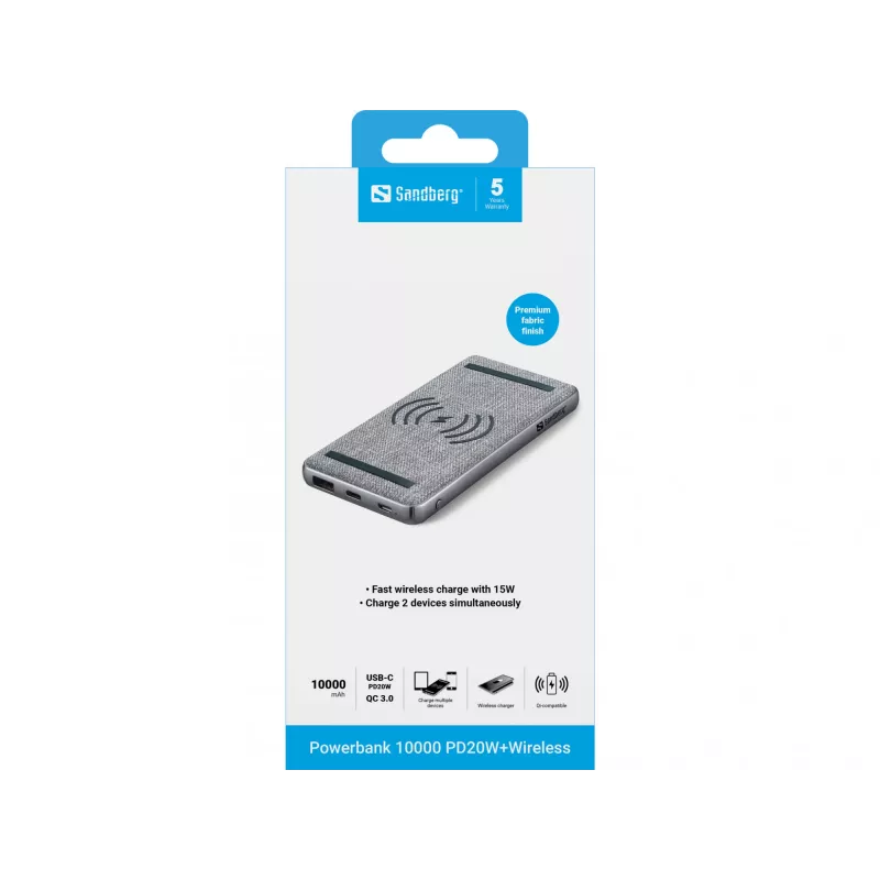Kannettava varavirtalähde Sandberg Powerbank 10000 PD20W+Wireless, 10000 mAh