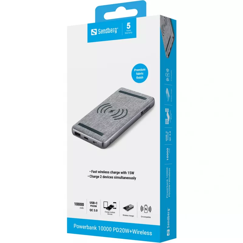 Kannettava varavirtalähde Sandberg Powerbank 10000 PD20W+Wireless, 10000 mAh
