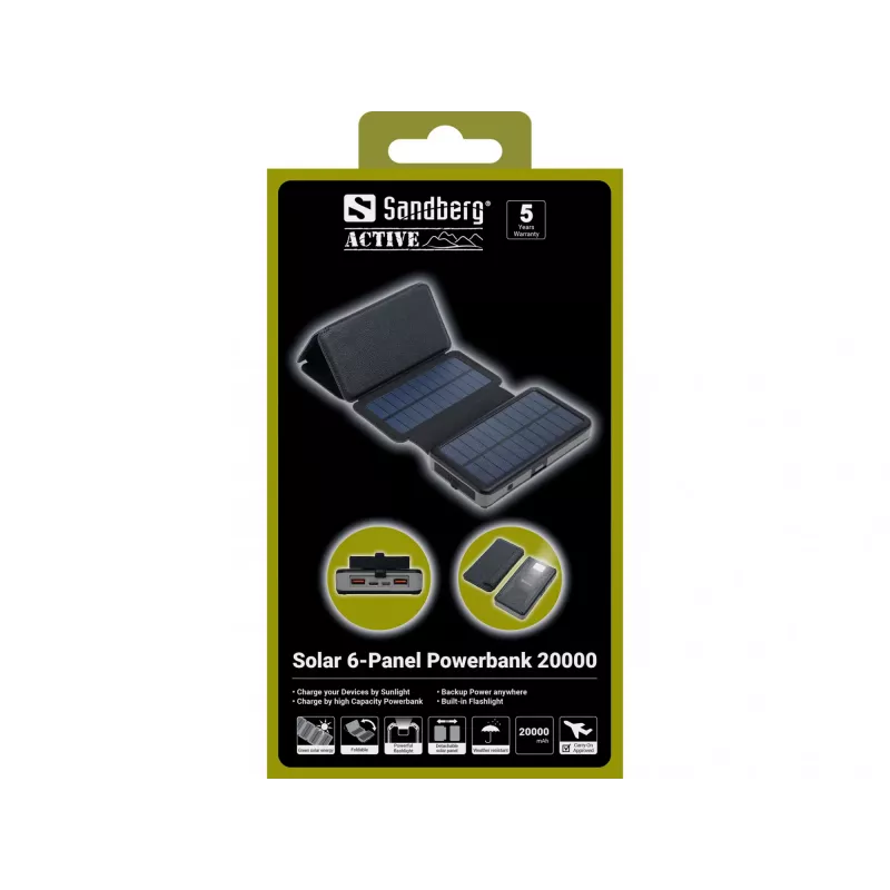 Varavirtalähde Sandberg Solar 6-Panel 20000mAh litiumpolymeeri musta