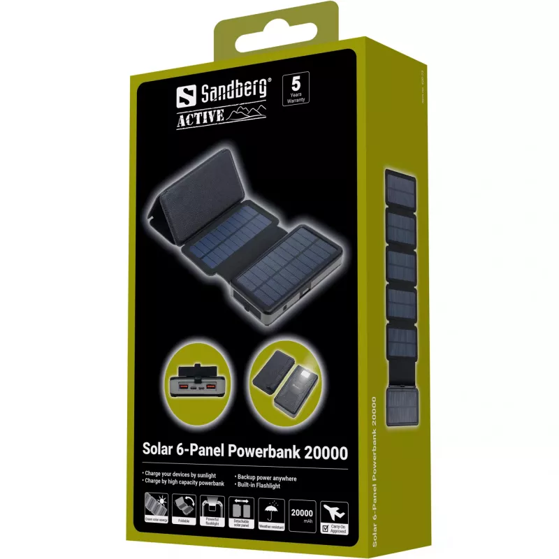 Varavirtalähde Sandberg Solar 6-Panel 20000mAh litiumpolymeeri musta