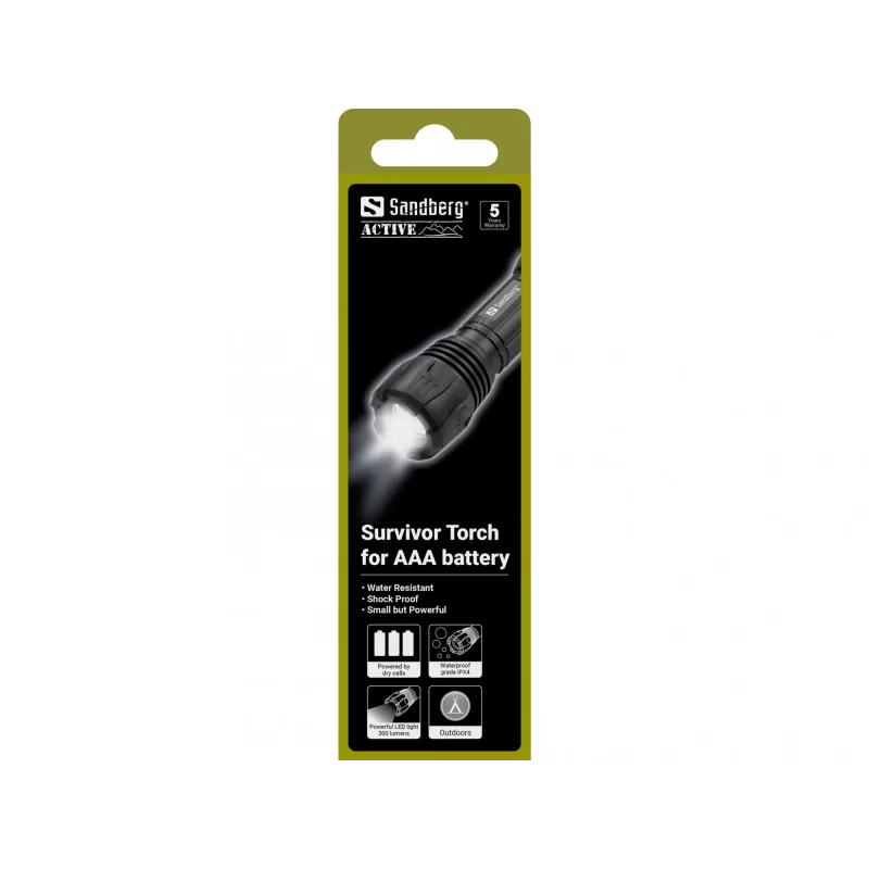 Sandberg Survivor Torch AAA-paristolle, käsivalaisin, musta, alumiini, LED, 3 W, 150 lm