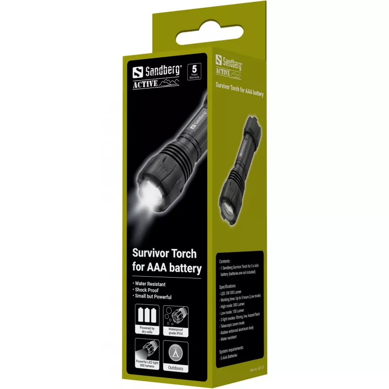 Sandberg Survivor Torch AAA-paristolle, käsivalaisin, musta, alumiini, LED, 3 W, 150 lm