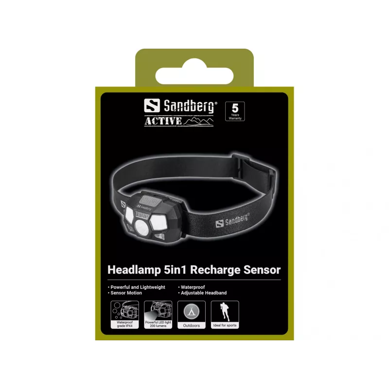 Otsalamppu Sandberg 5in1 Recharge Sensor LED 200 lm musta