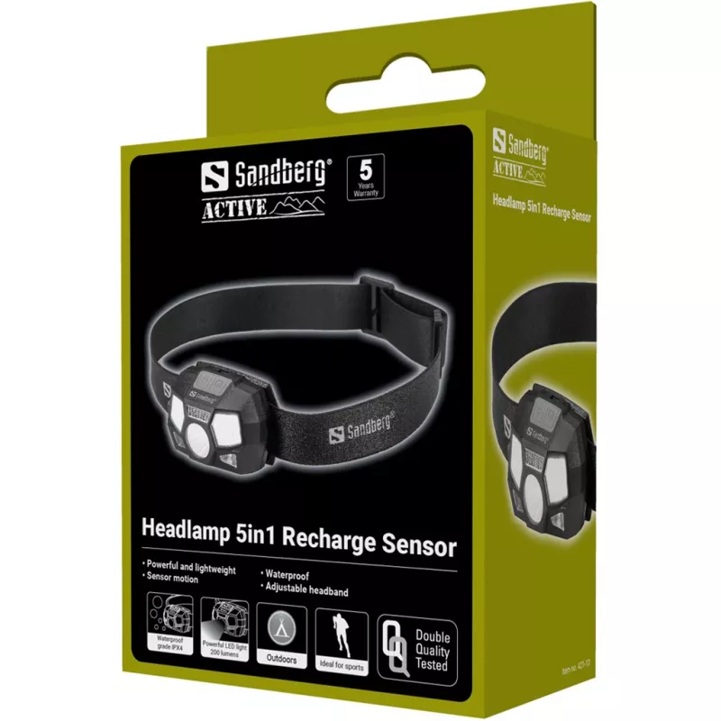 Otsalamppu Sandberg 5in1 Recharge Sensor LED 200 lm musta