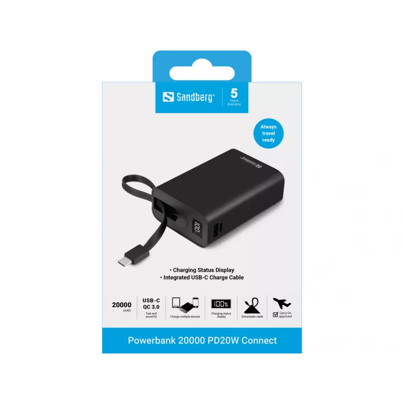 Kannettava akku Sandberg Powerbank 20000 PD20W Connect, 20000 mAh
