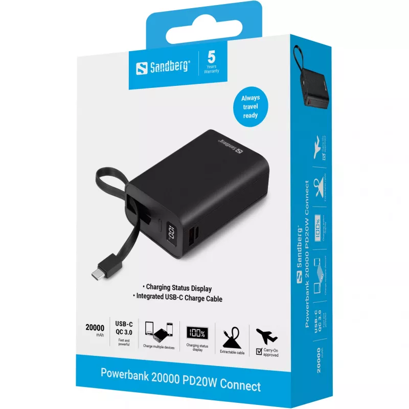 Kannettava akku Sandberg Powerbank 20000 PD20W Connect, 20000 mAh