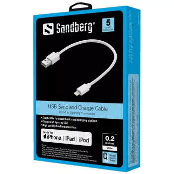 Kaapeli Sandberg USB Lightning MFI 0,2 m valkoinen