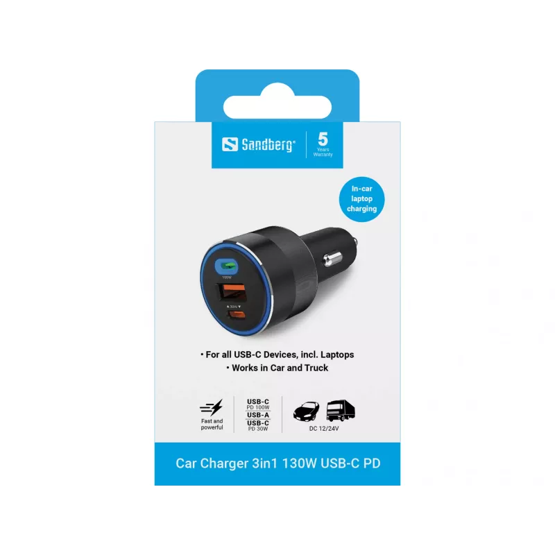 Sandberg autolaturi 3in1 130W USB-C PD pikalaturi universaali