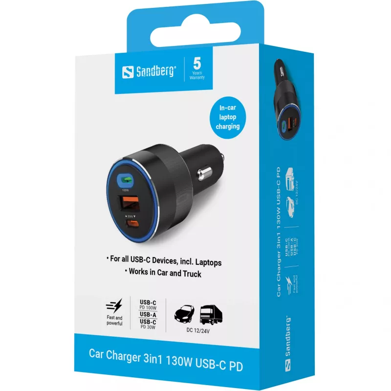Sandberg autolaturi 3in1 130W USB-C PD pikalaturi universaali