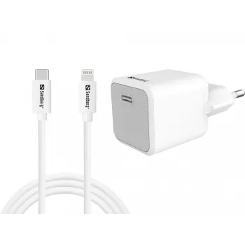 AC-laturi Sandberg 20W USB-C + Lightning 1M pikalataus valkoinen