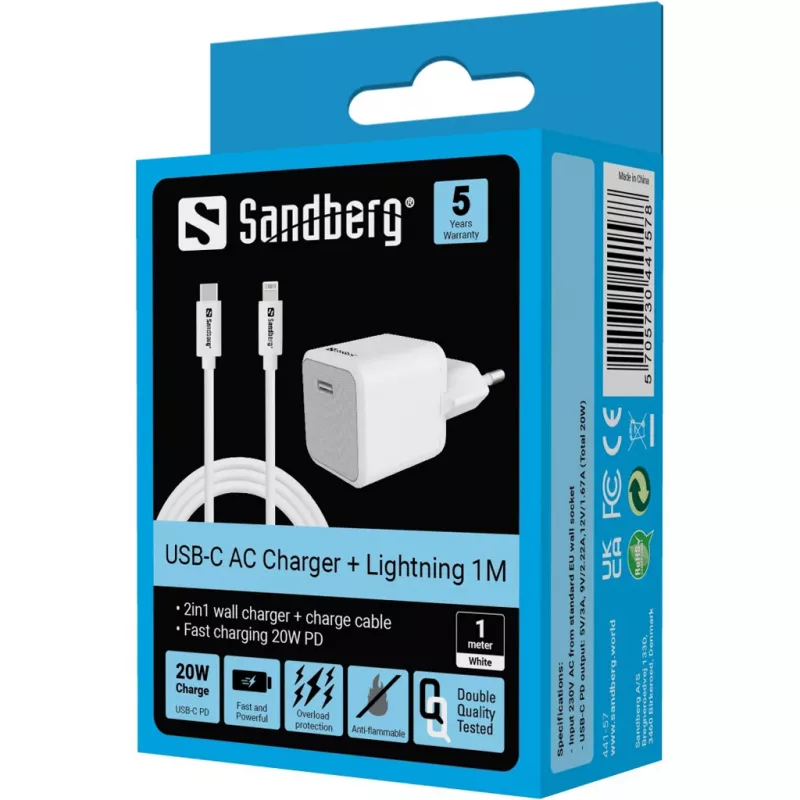 AC-laturi Sandberg 20W USB-C + Lightning 1M pikalataus valkoinen