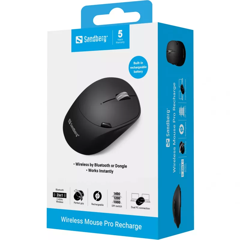 Sandberg Wireless Mouse Pro Recharge langaton hiiri RF Wireless + Bluetooth