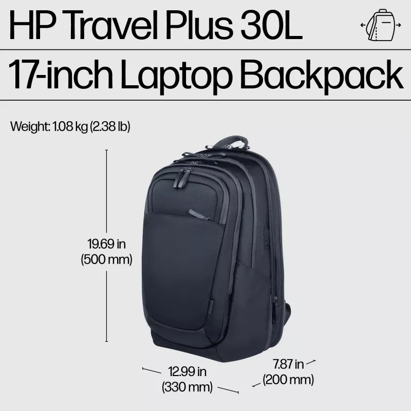 HP Travel Plus 30 l kannettavan reppu 17,3 tuumaa (43,9 cm), laajennettavissa 35 litraan, RFID-suojattu tasku, 1,08 kg, grafiitinsininen