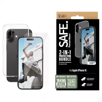 PanzerGlass SAFE. by ® 2-in-1-suojapaketti iPhone 16, Apple, Apple - iPhone 16, kuiva-asennus, naarmuuntumaton, iskunkestävä, läpinäkyvä, 1 kpl