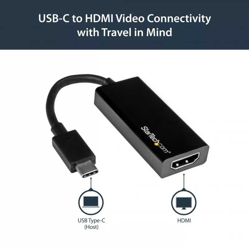 StarTech.com USB-C - HDMI -sovitin 4K 30Hz - musta, 3.2 Gen 2 (3.1 Gen 2), USB Type-C, HDMI-lähtö, 3840 x 2160 pikseliä