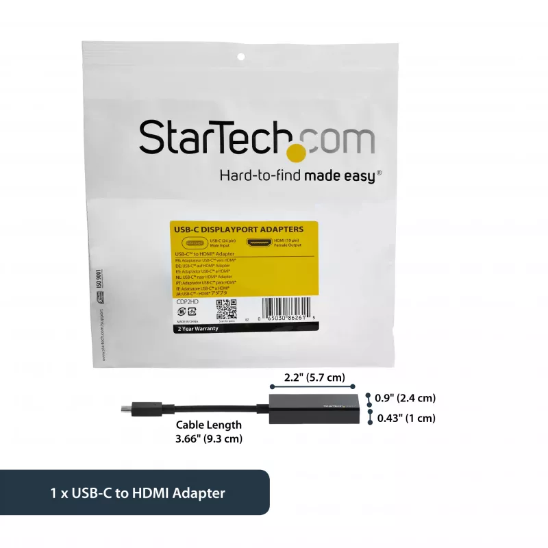 StarTech.com USB-C - HDMI -sovitin 4K 30Hz - musta, 3.2 Gen 2 (3.1 Gen 2), USB Type-C, HDMI-lähtö, 3840 x 2160 pikseliä