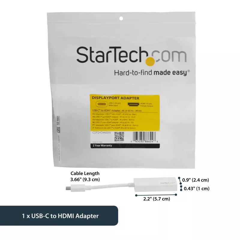 StarTech.com USB-C - HDMI -sovitin - valkoinen - 4K 60Hz, USB Type-C, HDMI-lähtö, 3840 x 2160 pikseliä
