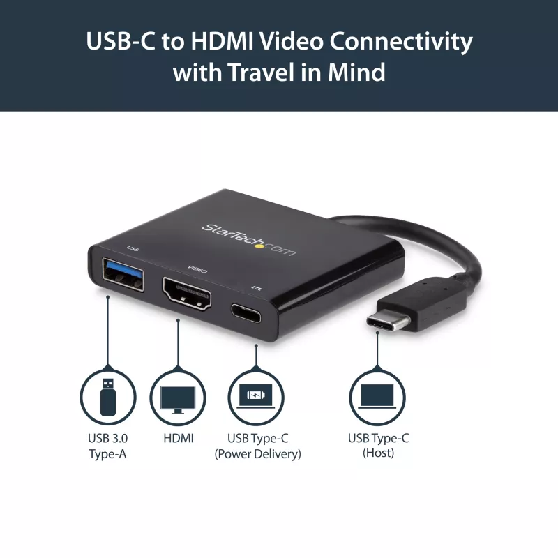 StarTech.com USB-C-moniporttisovitin HDMI:llä – USB 3.0 -portti – 60W PD – musta