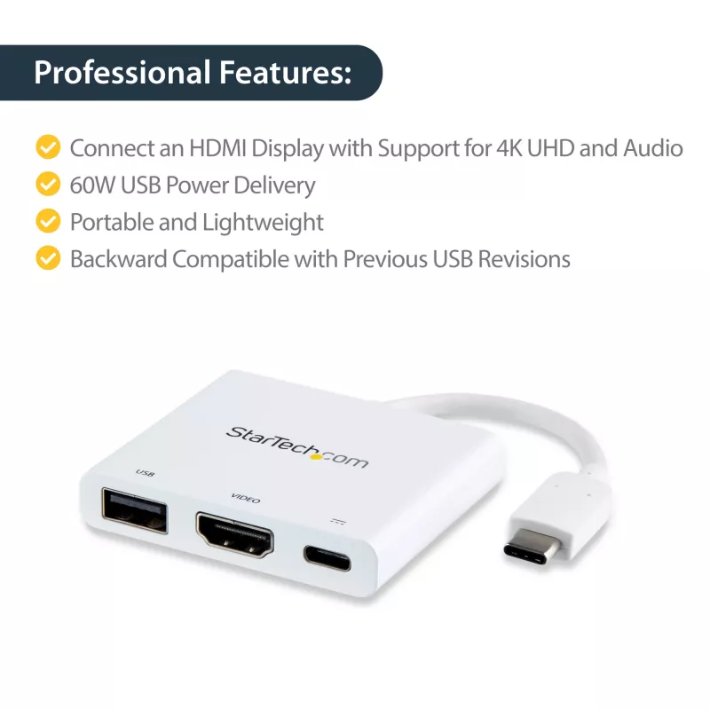 StarTech.com USB-C-moniporttisovitin HDMI:llä – USB-3.0-liitäntä – 60 W PD – valkoinen