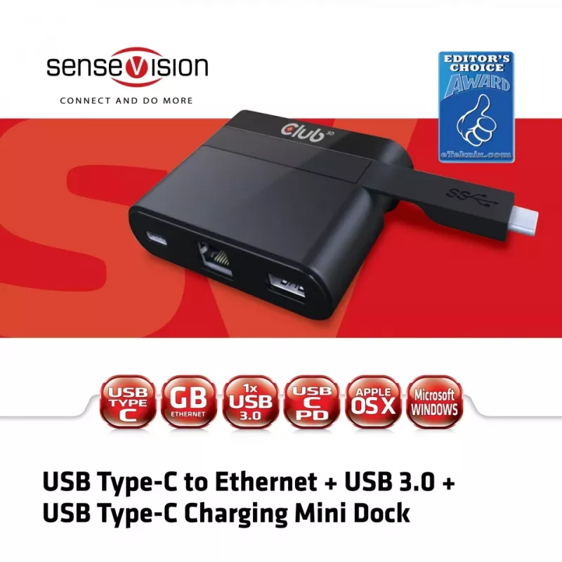 CLUB3D USB Type-C Ethernet + USB 3.0 + USB Type-C lataus-minitelakka