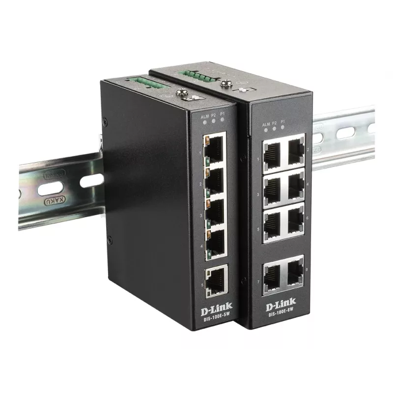 D-Link 8-porttinen hallitsematon teollisuuskytkin, jossa 8 x 10/100 BaseT(X) -porttia