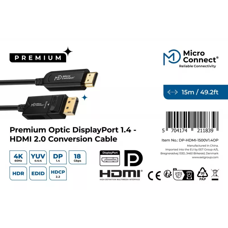 Microconnect DP-HDMI-1500V1.4OP -videokaapeliadapteri 15 m DisplayPort musta