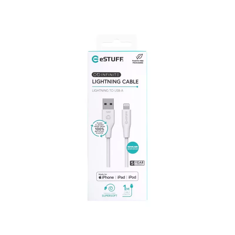 Lightning-kaapeli eSTUFF ES601170 1m USB-A 2,4A 5V valkoinen