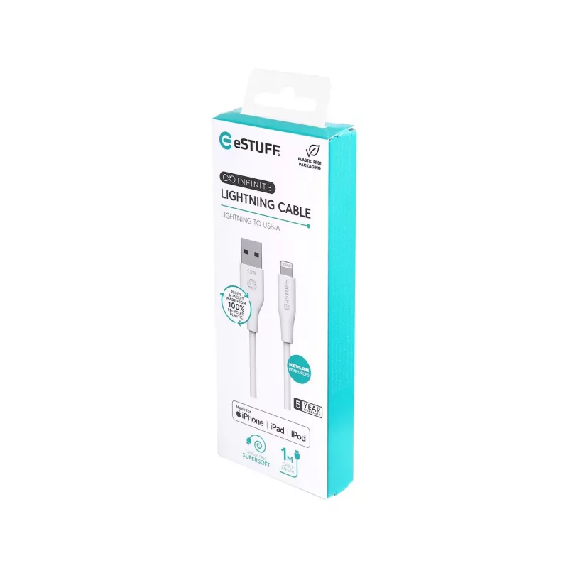 Lightning-kaapeli eSTUFF ES601170 1m USB-A 2,4A 5V valkoinen