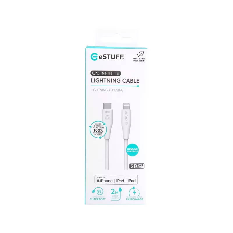 Lightning-kaapeli eSTUFF ES602270 3m USB-C 2,4A valkoinen