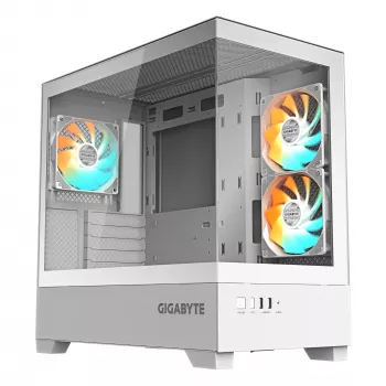 GIGABYTE C201 PANORAMIC ICE PC-kotelo – Mid Tower, m-ATX, 360 mm jäähdytintuki, 3 esiasennettua tuuletinta, USB 3.0, RGB Fusion -tuki