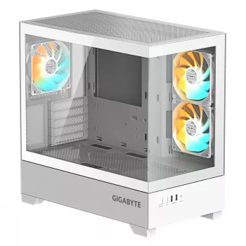 GIGABYTE C201 PANORAMIC ICE PC-kotelo – Mid Tower, m-ATX, 360 mm jäähdytintuki, 3 esiasennettua tuuletinta, USB 3.0, RGB Fusion -tuki