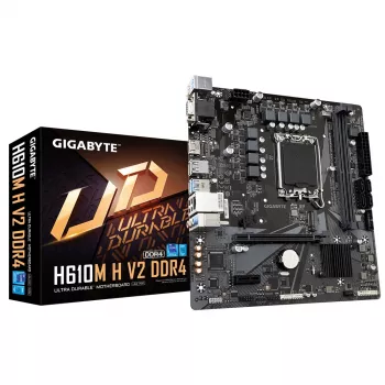 GIGABYTE H610M H V2 DDR4 emolevy - tukee Intel Core 14. sukupolvea, 6+1+1 hybridi digitaalinen VRM, enintään 3200 MHz DDR4 (OC), 1x PCIe 3.0 M.2, GbE LAN, USB 3.2 Gen 1