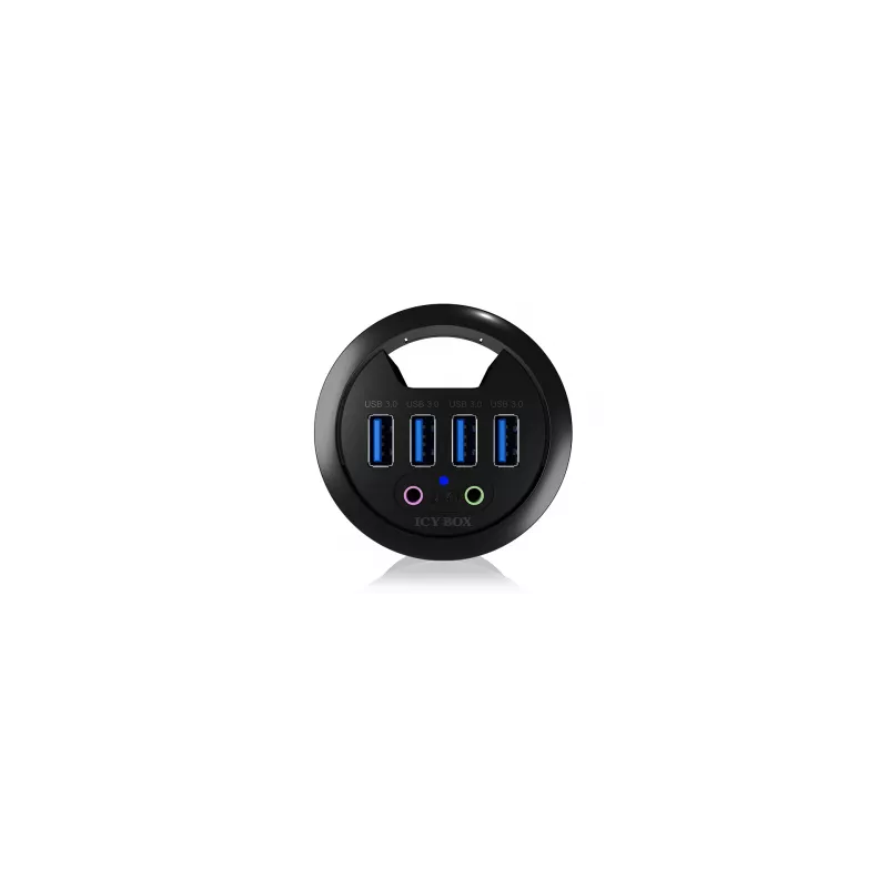 ICY BOX IB-HUB1403A 4-porttinen USB 3.0 -pöytähubi äänituloilla/-lähdöllä, musta