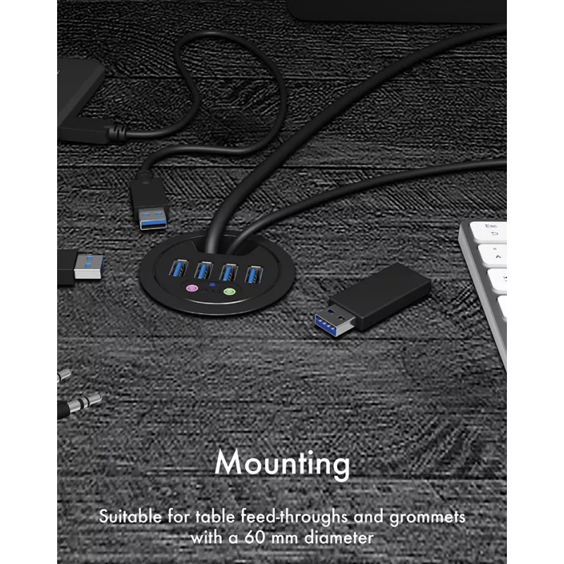 ICY BOX IB-HUB1403A 4-porttinen USB 3.0 -pöytähubi äänituloilla/-lähdöllä, musta