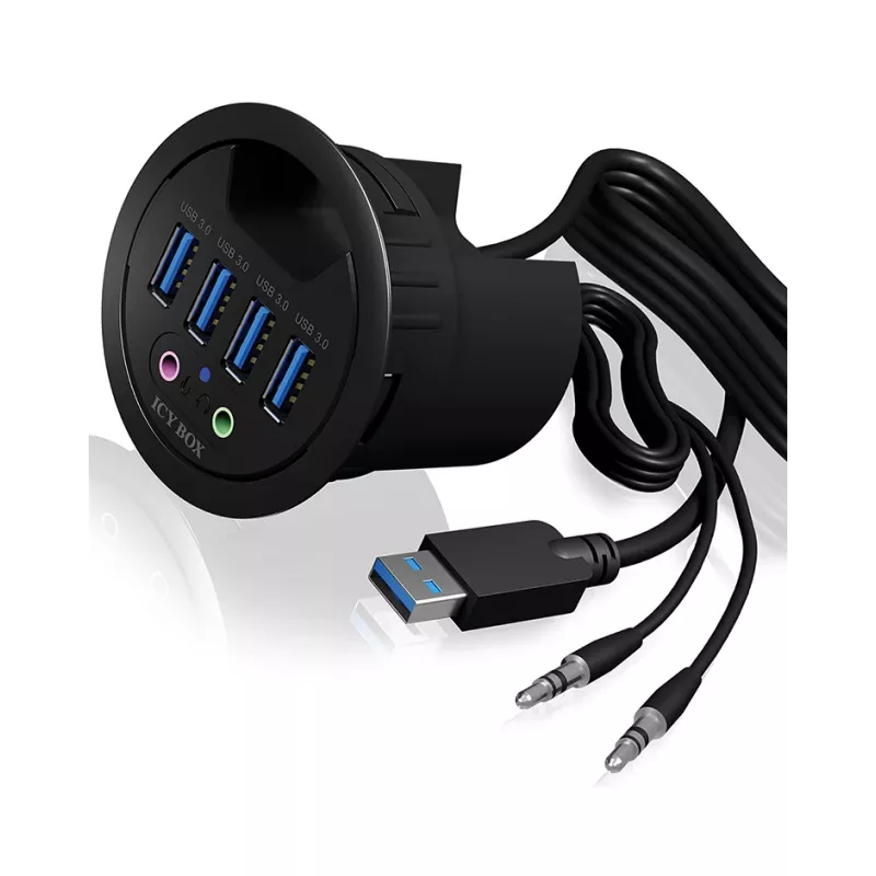 ICY BOX IB-HUB1403A 4-porttinen USB 3.0 -pöytähubi äänituloilla/-lähdöllä, musta
