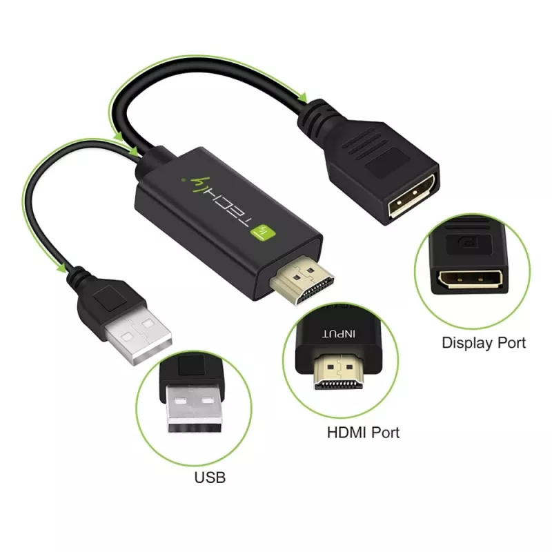 Techly ICOC-HDMI-DP12A HDMI-DisplayPort-sovitin USB-virralla, 4K 30 Hz