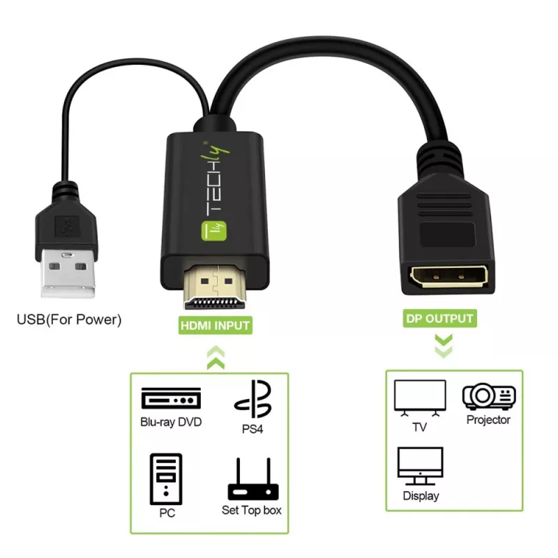 Techly ICOC-HDMI-DP12A HDMI-DisplayPort-sovitin USB-virralla, 4K 30 Hz