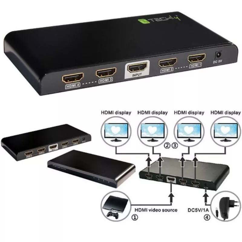 Techly jakaja HDMI 2.0 4K UHD 3D 4-porttinen