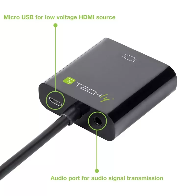 Techly kaapelisovitin konvertteri HDMI-VGA Micro USB:lla ja äänellä IDATA HDMI-VGA2AU