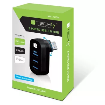 Techly IUSB3-HUB3-ROTB USB-keskitin USB 3.2 Gen 1 (3.1 Gen 1) Type-A 5000 Mbit/s musta