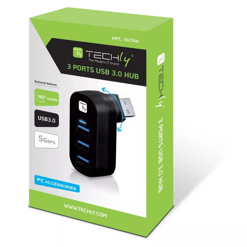 Techly IUSB3-HUB3-ROTB USB-keskitin USB 3.2 Gen 1 (3.1 Gen 1) Type-A 5000 Mbit/s musta
