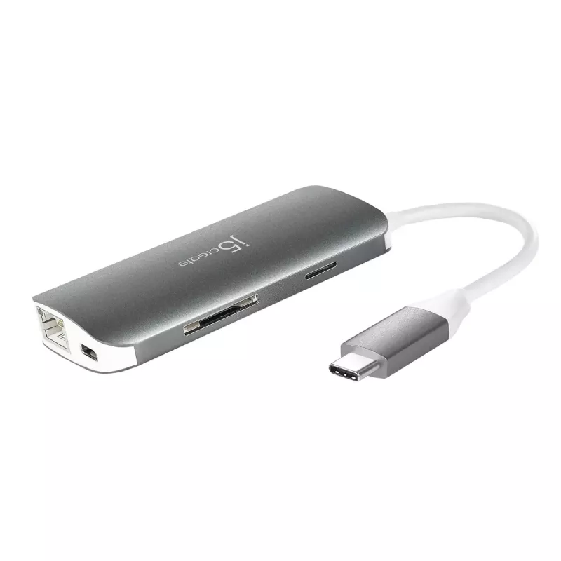 j5create JCD383 USB-C™ 9-in-1-monisovitin, hopea ja valkoinen