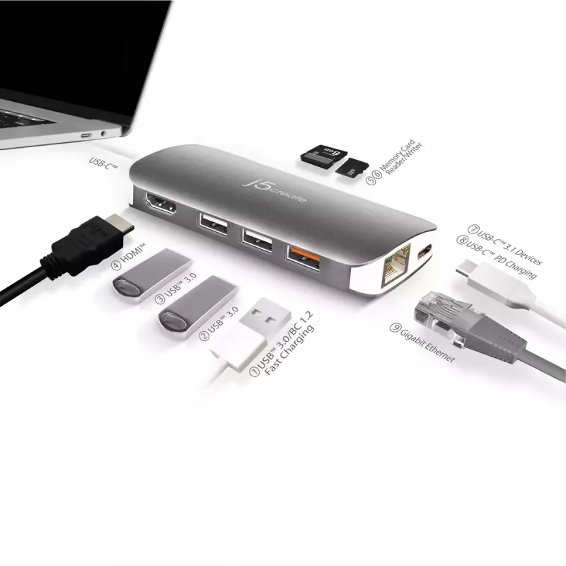j5create JCD383 USB-C™ 9-in-1-monisovitin, hopea ja valkoinen