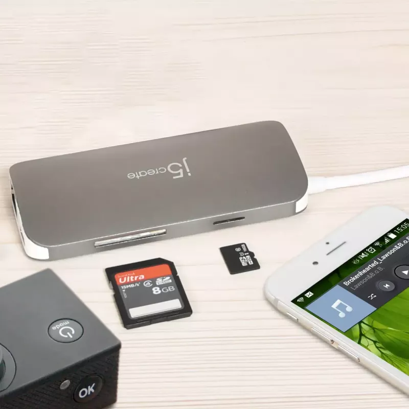 j5create JCD383 USB-C™ 9-in-1-monisovitin, hopea ja valkoinen