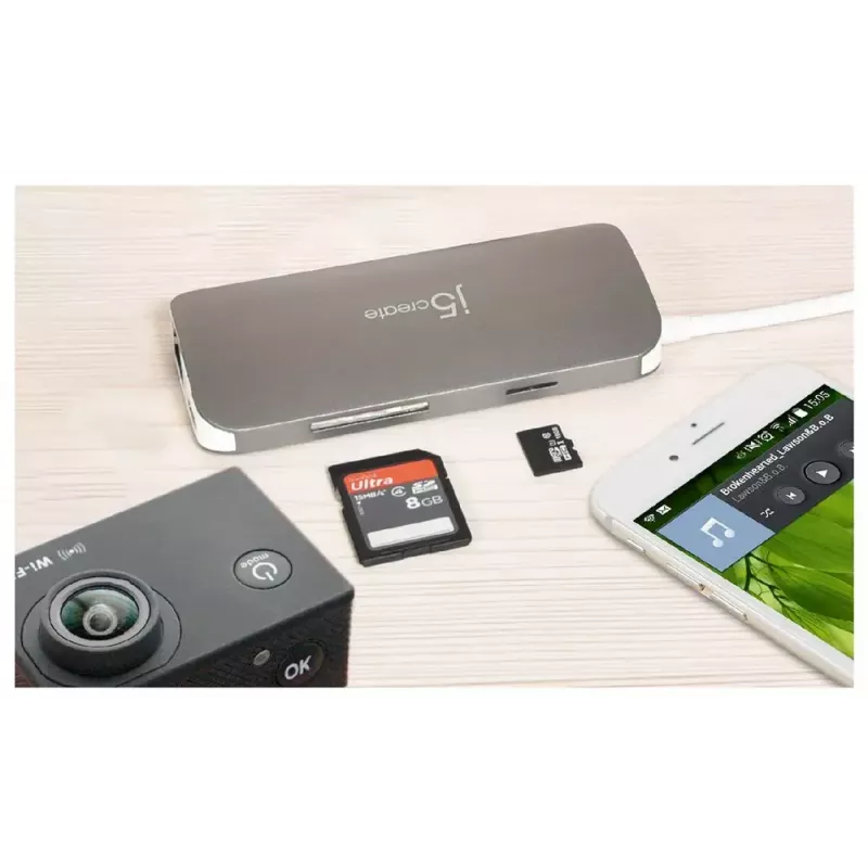 j5create JCD383 USB-C™ 9-in-1-monisovitin, hopea ja valkoinen