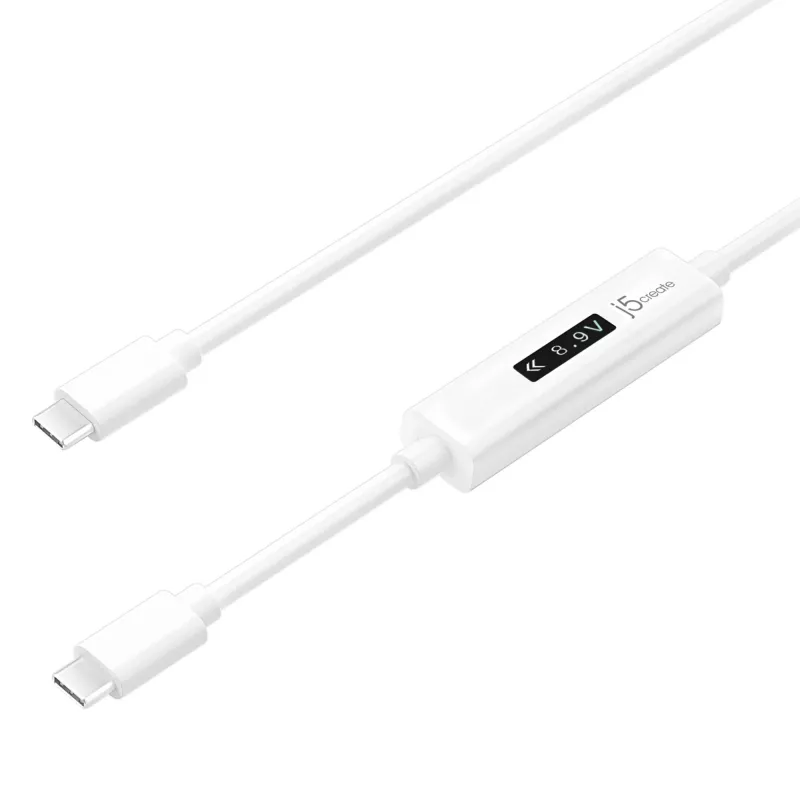 j5create JUCP14 USB-C™ 2.0 - USB-C™ -kaapeli dynaamisella OLED-tehomittarilla, valkoinen, 1,2 m