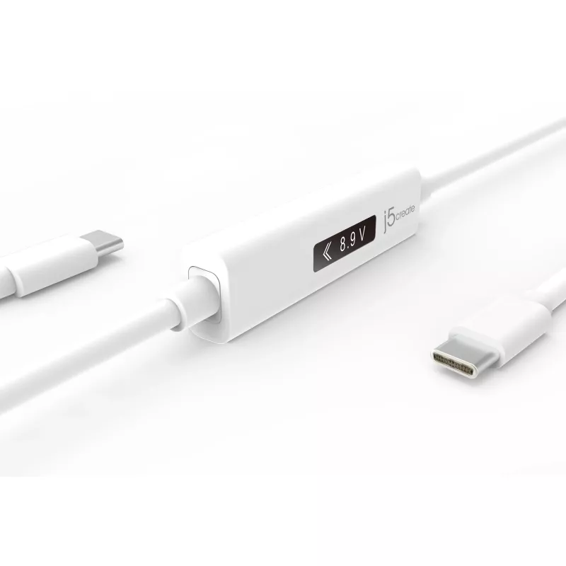 j5create JUCP14 USB-C™ 2.0 - USB-C™ -kaapeli dynaamisella OLED-tehomittarilla, valkoinen, 1,2 m